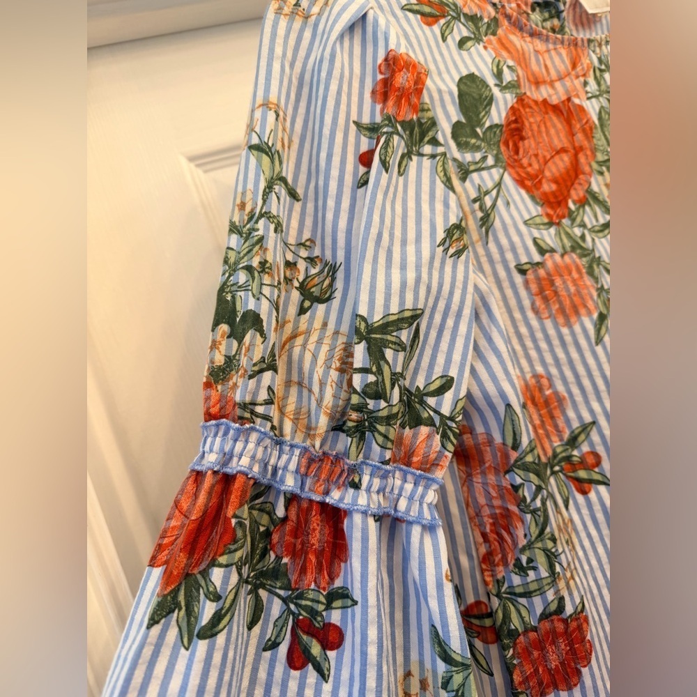 Cupio Blue and White Striped Floral Print Bell Sleeve Blouse - Size M - Picture 4 of 12